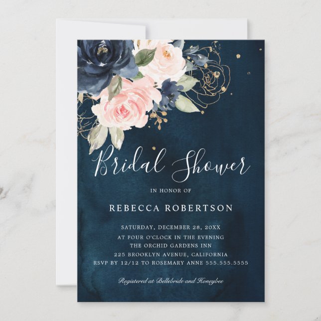 Navy Blue Blush Pink Rose Boho Bridal Shower Invitation (Front)