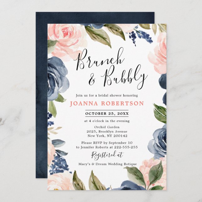 Navy Blue Blush Pink Rose Boho Bridal Shower Invitation (Front/Back)