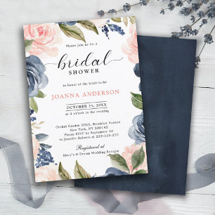 Navy Blue Blush Pink Rose Boho Bridal Shower Invitation