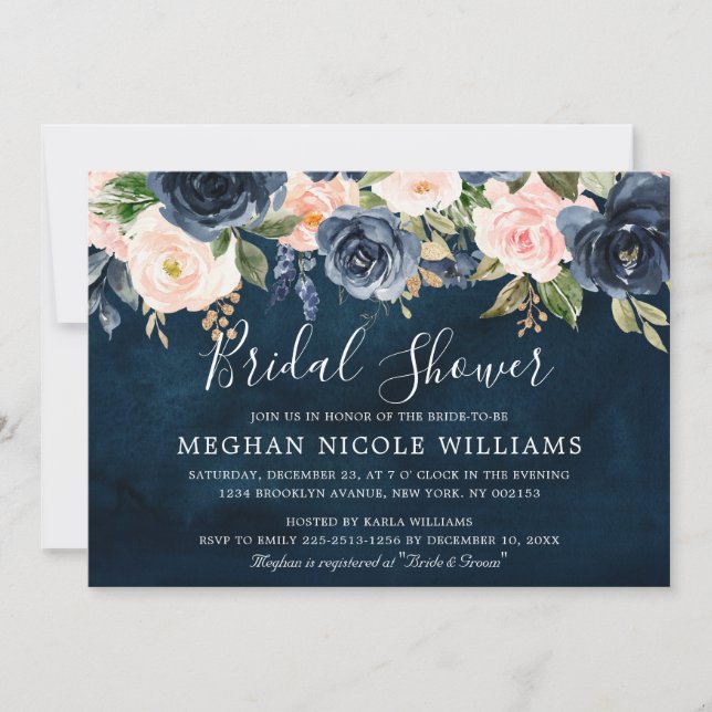Navy Blue Blush Pink Rose Boho Bridal Shower Invitation (Front)