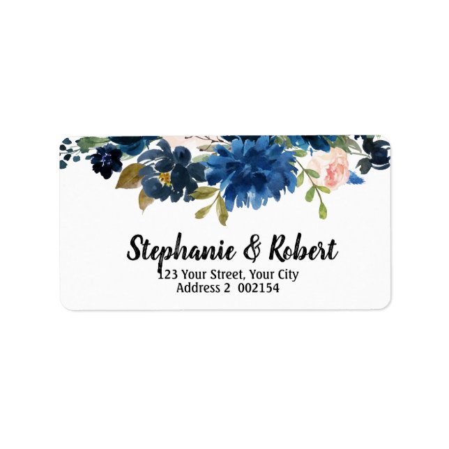 Navy Blue Blush Pink Rose Boho Floral Address Label (Front)