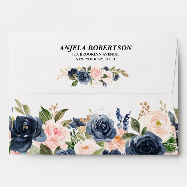 Navy Blue Blush Pink Rose Boho Floral Wedding Envelope (Back (Top Flap))