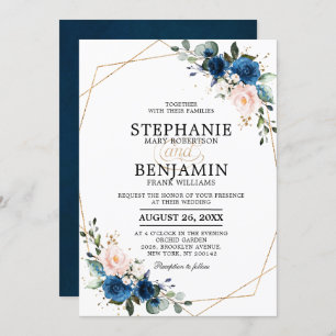 Navy Blue Blush Pink Rose Boho Geometric Wedding Invitation