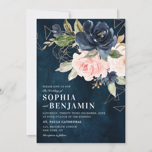 Navy Blue Blush Pink Rose Boho Geometric Wedding Invitation (Front)