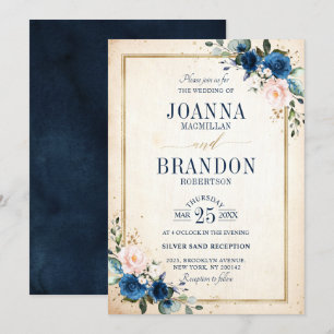 Navy Blue Blush Pink Rose Boho Geometric Wedding Invitation
