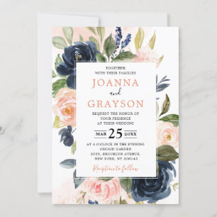 Navy Blue Blush Pink Rose Boho Geometric Wedding Invitation