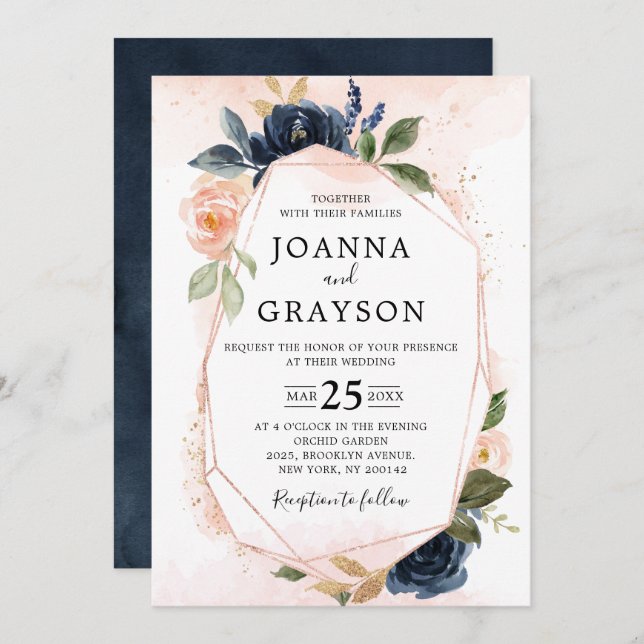 Navy Blue Blush Pink Rose Boho Geometric Wedding Invitation (Front/Back)
