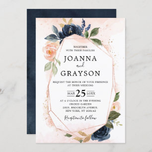 Navy Blue Blush Pink Rose Boho Geometric Wedding Invitation