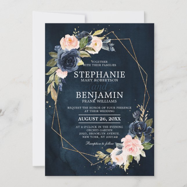 Navy Blue Blush Pink Rose Boho Geometric Wedding Invitation (Front)