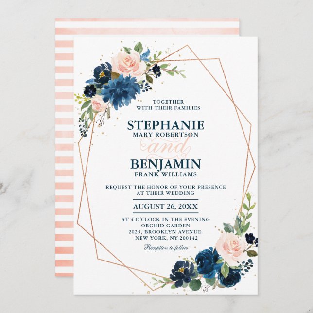 Navy Blue Blush Pink Rose Boho Geometric Wedding Invitation (Front/Back)