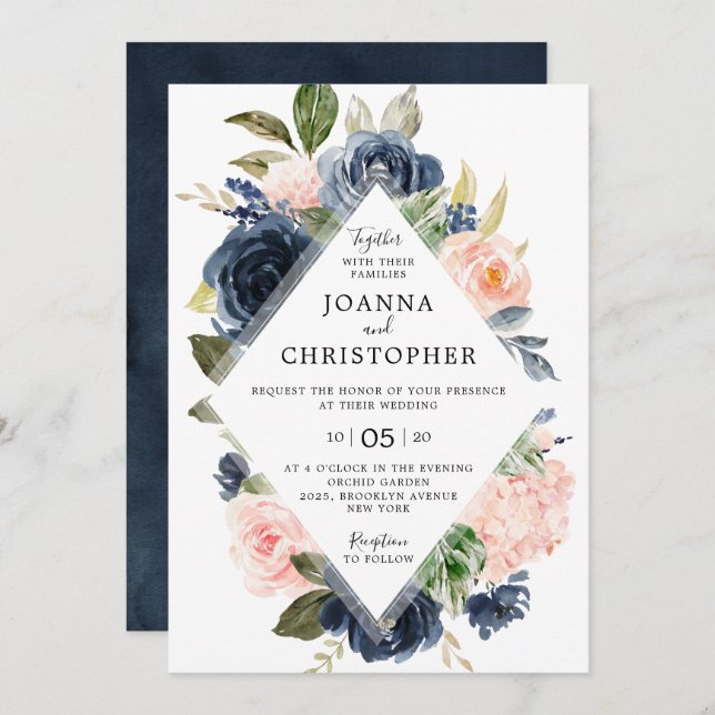 Navy Blue Blush Pink Rose Boho Geometric Wedding Invitation (Front/Back)