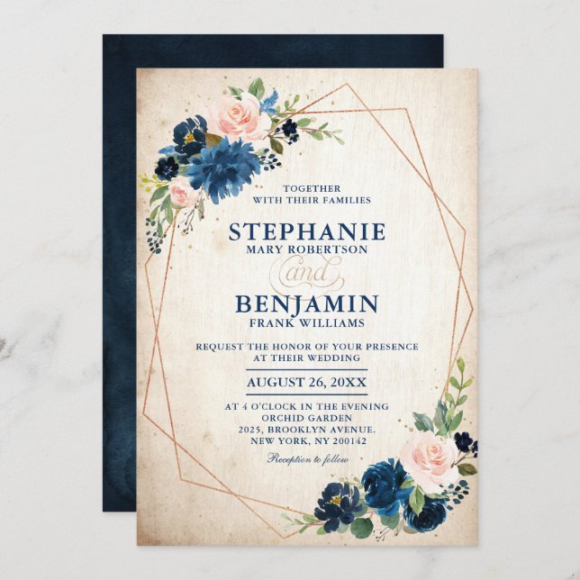 Navy Blue Blush Pink Rose Boho Geometric Wedding Invitation (Front/Back)