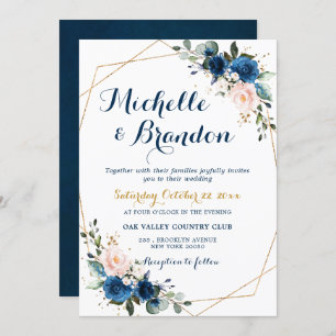 Navy Blue Blush Pink Rose Boho Geometric Wedding Invitation