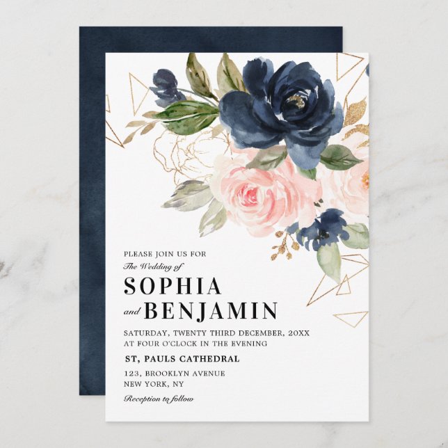 Navy Blue Blush Pink Rose Boho Geometric Wedding Invitation (Front/Back)