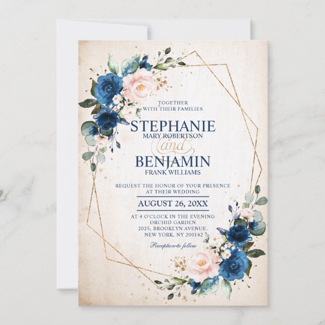 Navy Blue Blush Pink Rose Boho Geometric Wedding Invitation (Front)
