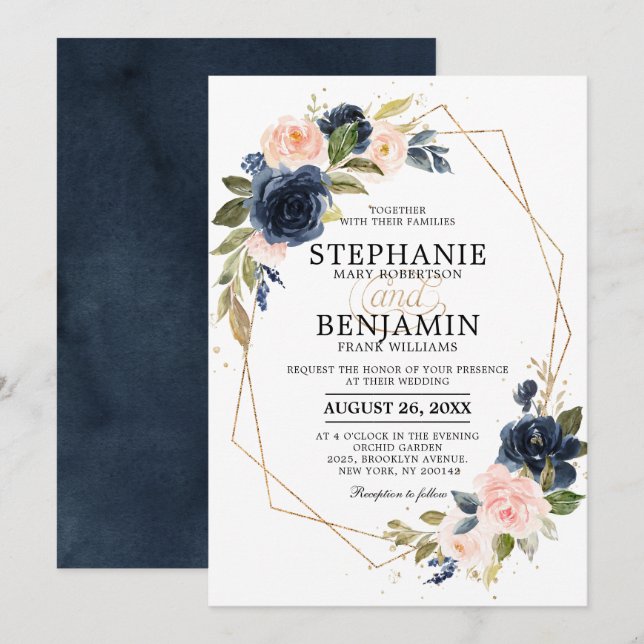 Navy Blue Blush Pink Rose Boho Geometric Wedding Invitation (Front/Back)