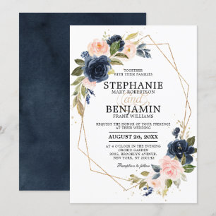 Navy Blue Blush Pink Rose Boho Geometric Wedding Invitation
