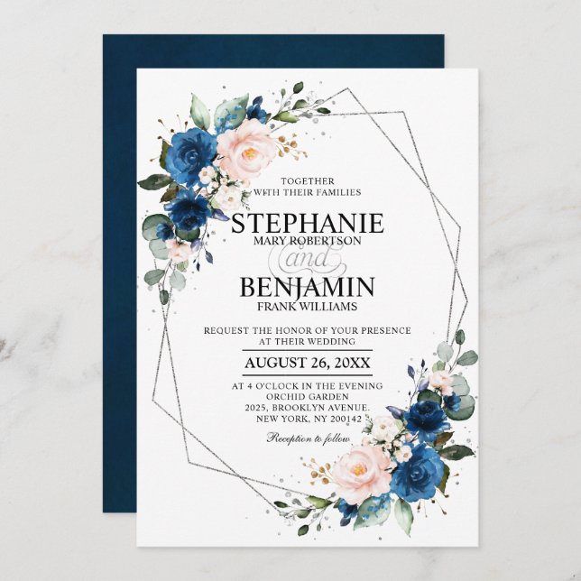 Navy Blue Blush Pink Rose Boho Geometric Wedding Invitation (Front/Back)