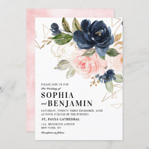 Navy Blue Blush Pink Rose Boho Geometric Wedding Invitation