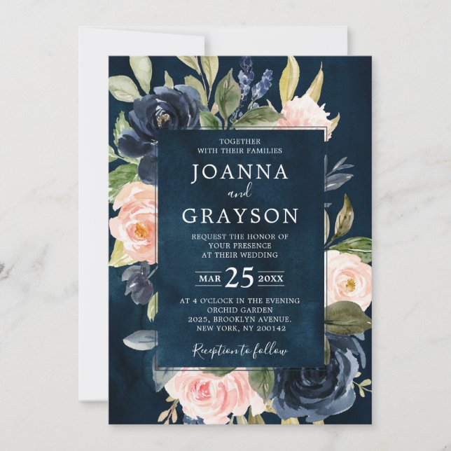 Navy Blue Blush Pink Rose Boho Geometric Wedding Invitation (Front)