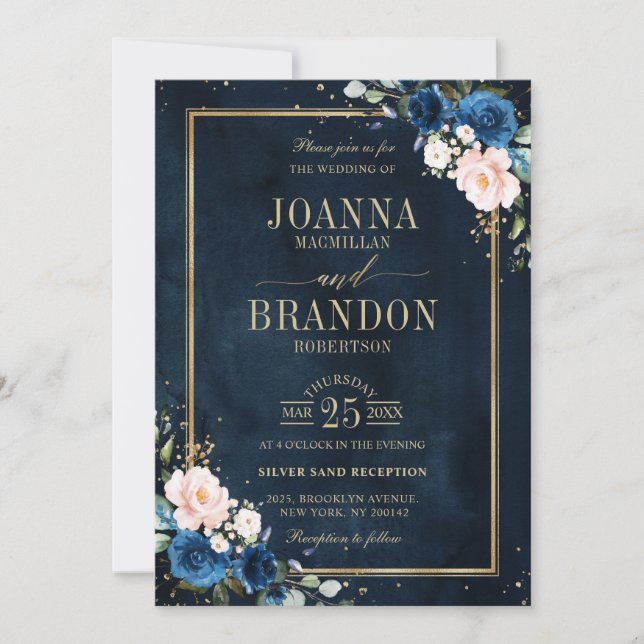 Navy Blue Blush Pink Rose Boho Geometric Wedding Invitation (Front)