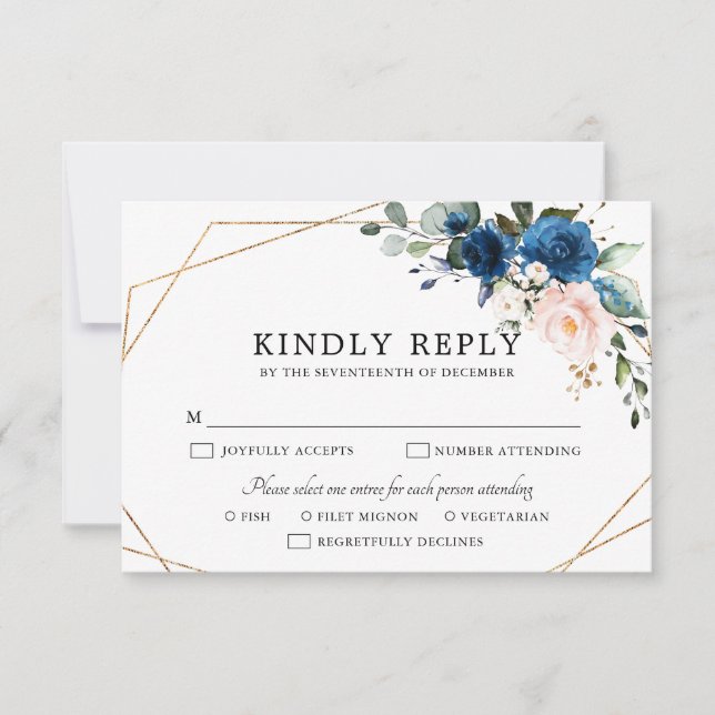 Navy Blue Blush Pink Rose Boho Geometric Wedding RSVP Card (Front)