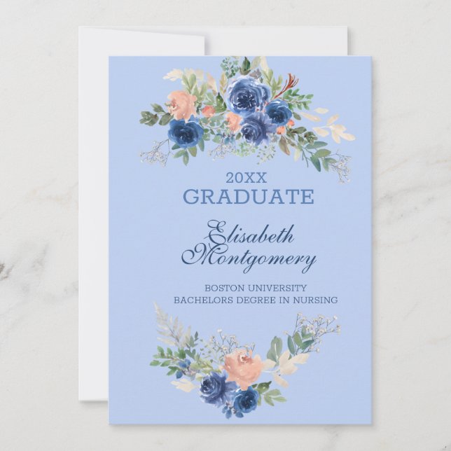 Navy Blue Blush Pink Rose Boho Graduation Announcement (Front)