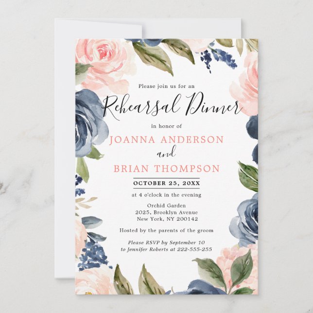 Navy Blue Blush Pink Rose Boho Rehearsal Dinner Invitation (Front)