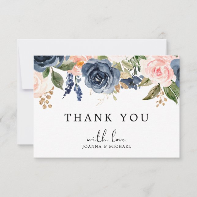 Navy Blue Blush Pink Rose Boho Thank You Card (Front)