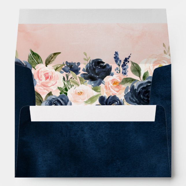 Navy Blue Blush Pink Rose Boho Wedding Envelope (Back (Bottom))