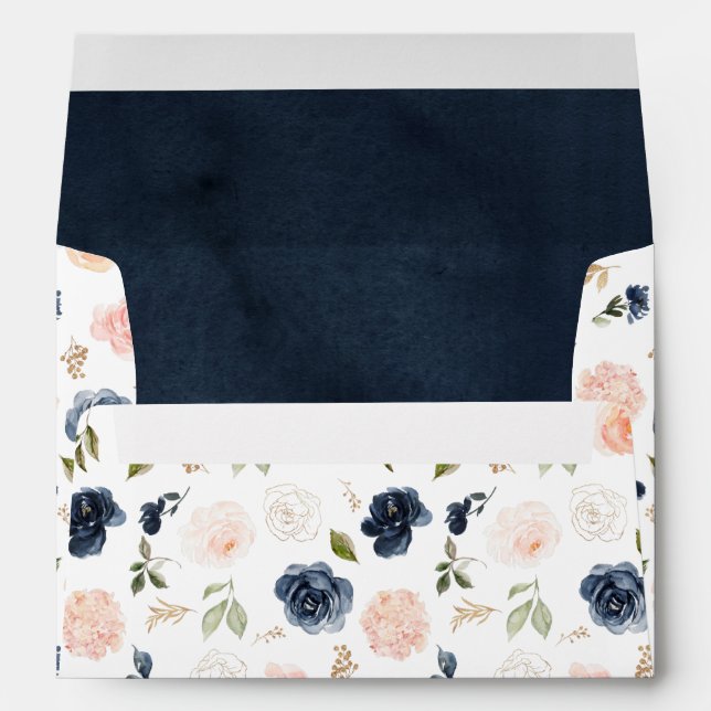 Navy Blue Blush Pink Rose Boho Wedding Envelope (Back (Bottom))