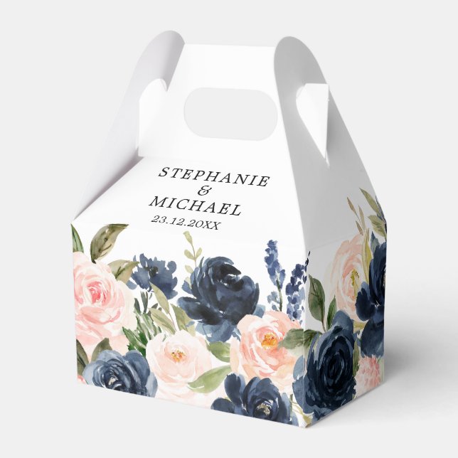 Navy Blue Blush Pink Rose Boho Wedding Favour Box (Back Side)