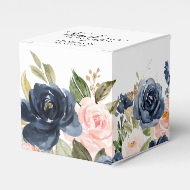 Navy Blue Blush Pink Rose Boho Wedding Favour Box (Front Side)