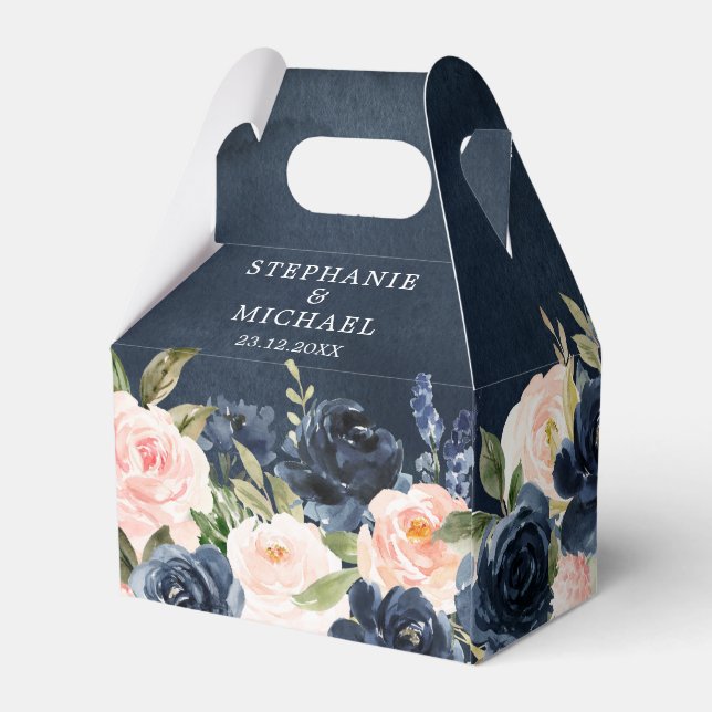 Navy Blue Blush Pink Rose Boho Wedding Favour Box (Back Side)