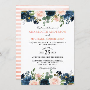 Navy Blue Blush Pink Rose Boho Wedding Invitation