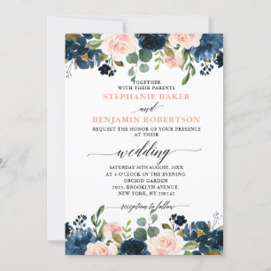 Navy Blue Blush Pink Rose Boho Wedding Invitation