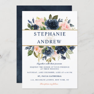 Navy Blue Blush Pink Rose Boho Wedding Invitation