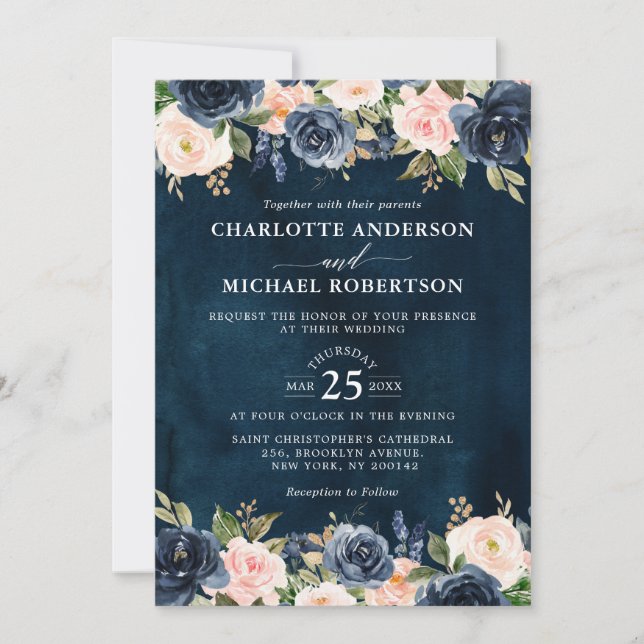 Navy Blue Blush Pink Rose Boho Wedding Invitation (Front)