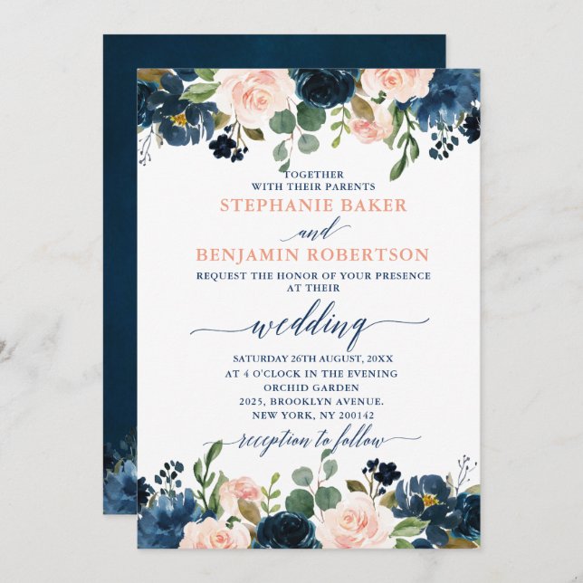 Navy Blue Blush Pink Rose Boho Wedding Invitation (Front/Back)