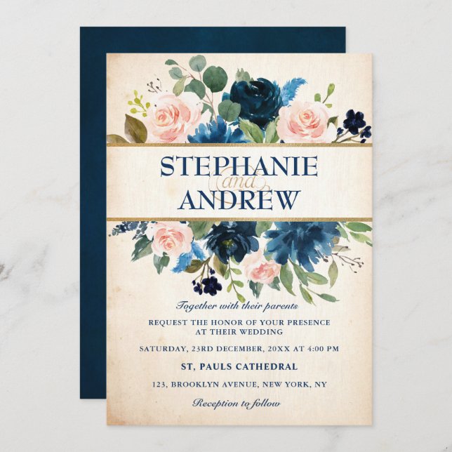 Navy Blue Blush Pink Rose Boho Wedding Invitation (Front/Back)