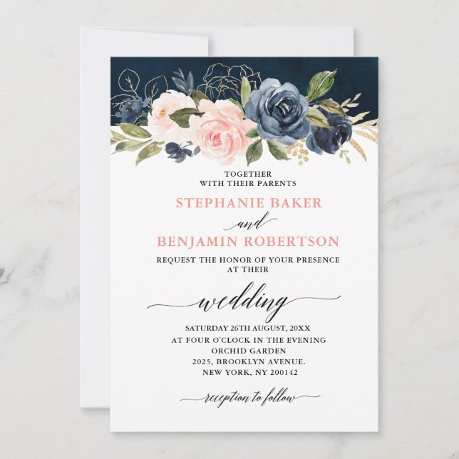 Navy Blue Blush Pink Rose Boho Wedding Invitation (Front)