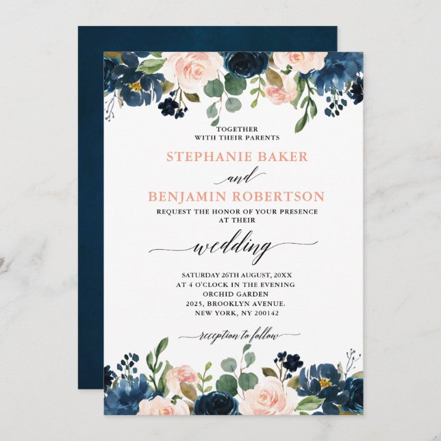 Navy Blue Blush Pink Rose Boho Wedding Invitation (Front/Back)