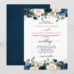 Navy Blue Blush Pink Rose Boho Wedding Invitation