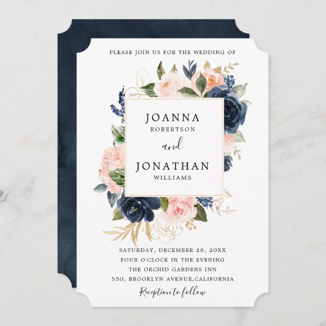 Navy Blue Blush Pink Rose Boho Wedding Invitation (Front/Back)