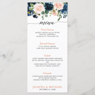 Navy Blue Blush Pink Rose Boho Wedding Menu