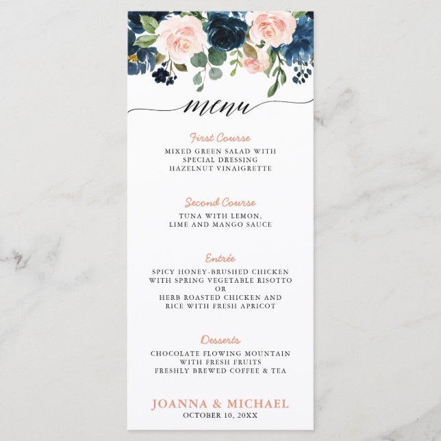 Navy Blue Blush Pink Rose Boho Wedding Menu (Front)