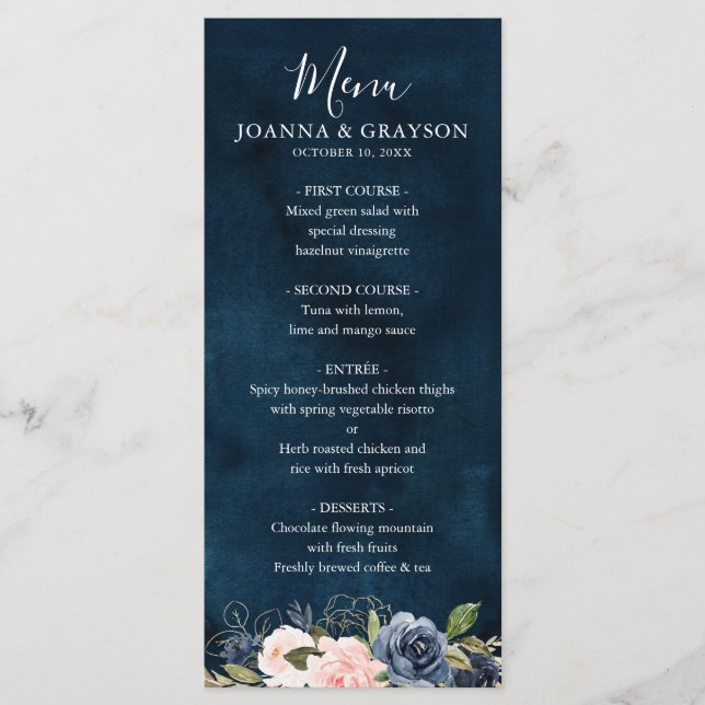 Navy Blue Blush Pink Rose Boho Wedding Menu (Front)