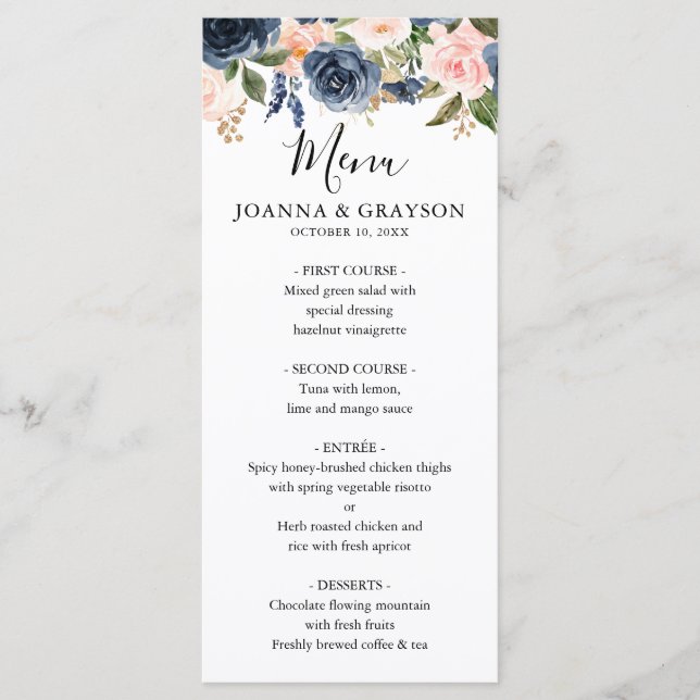 Navy Blue Blush Pink Rose Boho Wedding Menu (Front)