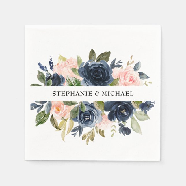 Navy Blue Blush Pink Rose Boho Wedding Napkin (Front)