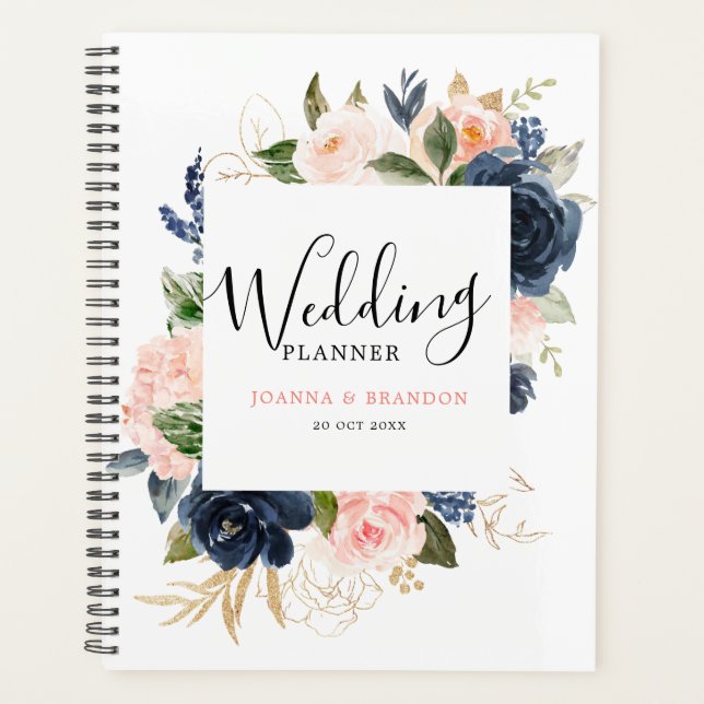 Navy Blue Blush Pink Rose Boho Wedding Planner (Front)